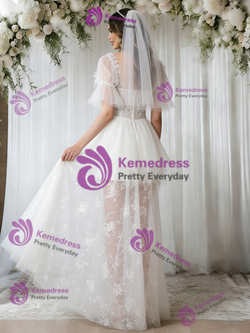 White Tulle Short Sleeve Lace Wedding Dress